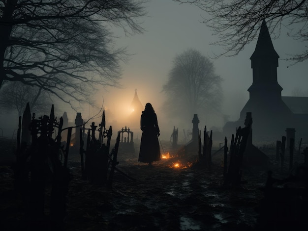 Scène de cimetière sombre et mystérieuse