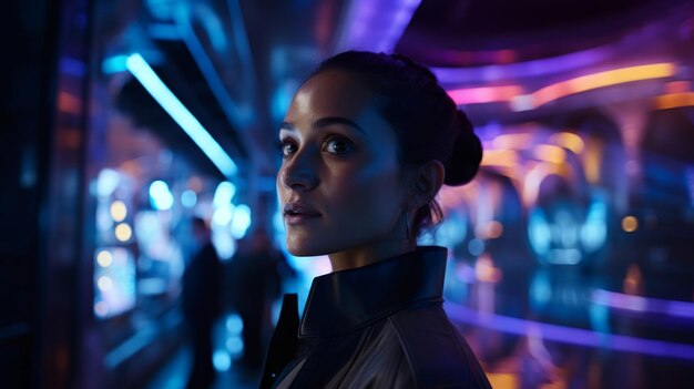 Une scène de cinéma sci-fi futuriste accompagnée de néons se transportant dans le royaume cinématographique.