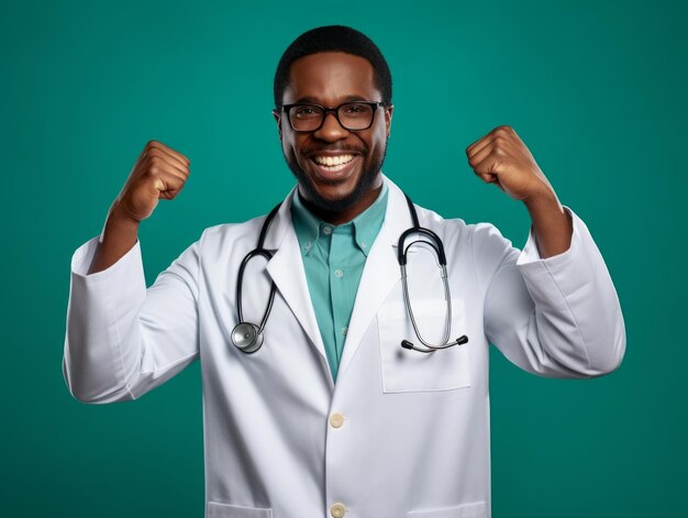 Scène cinématographique Docteur homme africain tenant le poing en l'air Souriant Vêtements de docteur Lumineux