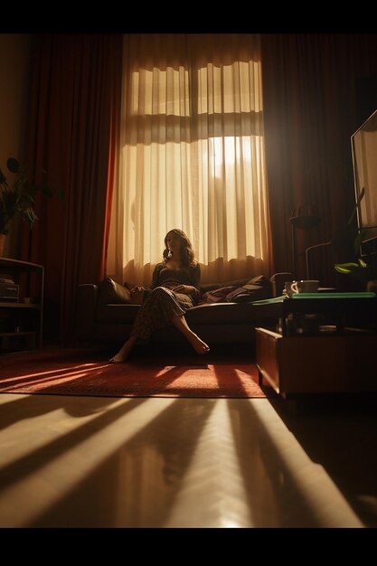 Photo scène cinématographique d'une femme au téléphone dans la lumière de fond