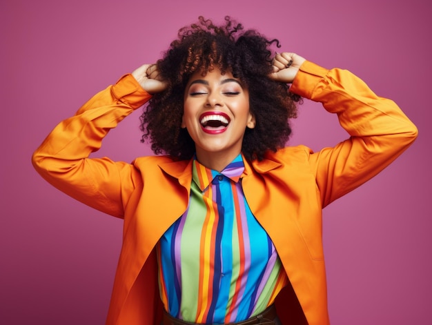 Photo scène cinématographique une femme noire américaine tient le poing en l'air sourire des vêtements de mode colorés brillants