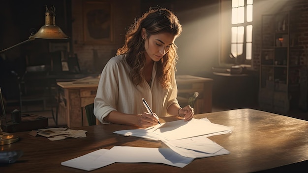 Scène cinématographique femme scénariste écrivant sur papier dans un studio brillant