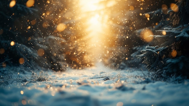 Scène cinématographique d'hiver avec des flocons de neige qui tombent et une ambiance de Noël