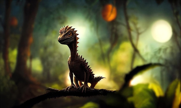 Scène cinématographique Joli petit dinosaure dans un paysage forestier