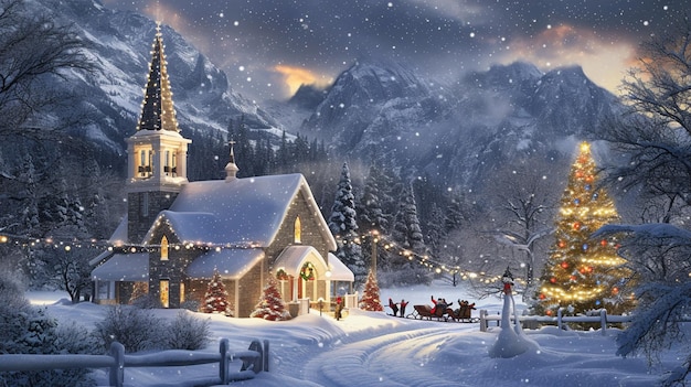 Une scène classique de Noël avec un paysage enneigé et une charmante église Generative Ai