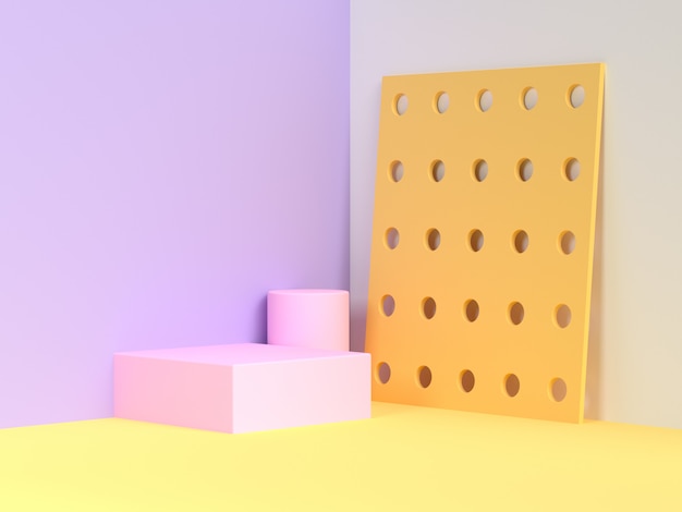 Photo scène de coin de plancher de mur jaune violet rose