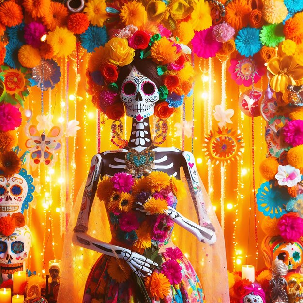 Photo scène colorée de célébration du crâne de sucre