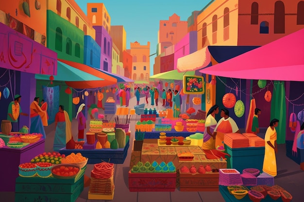 Une scène colorée d'un marché avec une femme vendant des fruits.