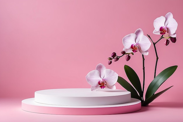 La scène conceptuelle est une vitrine de scène pour un nouveau produit, une publicité, une vente, une bannière, une présentation de cosmétiques, un podium de produit blanc sur fond rose avec des fleurs d'orchidées, une disposition avec de l'espace pour copier.