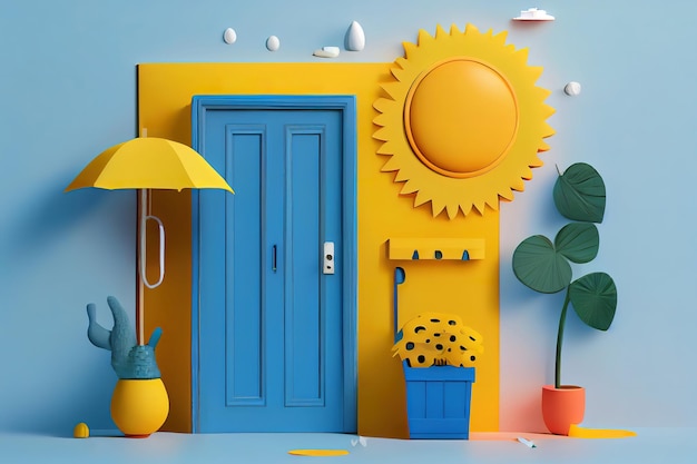 Scène conceptuelle minimale de trucs d'été dans une porte bleue sur fond jaune rendu 3d