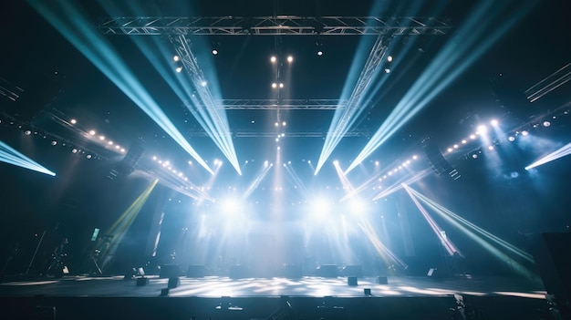 Scène de concert éclairée par des projecteurs laser bleus et verts vue depuis l'auditorium