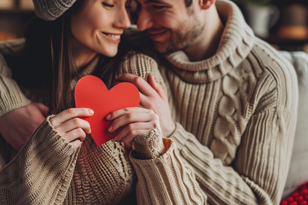 Une scène confortable et affectueuse avec un couple proche l'un de l'autre tenant chacun un cœur de papier rouge