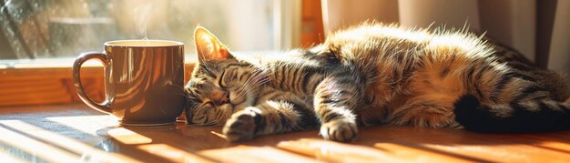 Une scène confortable mettant en vedette un chat tabby endormi se reposant à côté d'une tasse de café chaude