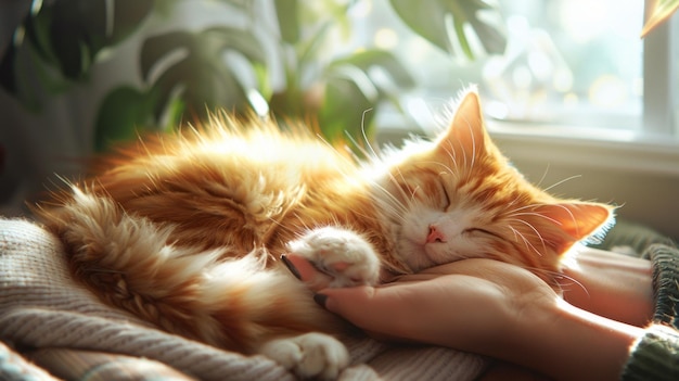 Une scène confortable où les gens caressent un chat enroulé dans leurs bras.