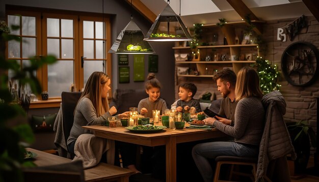 Une scène confortable d'un repas en famille avec des décorations pour la fête de Saint-Patrick.