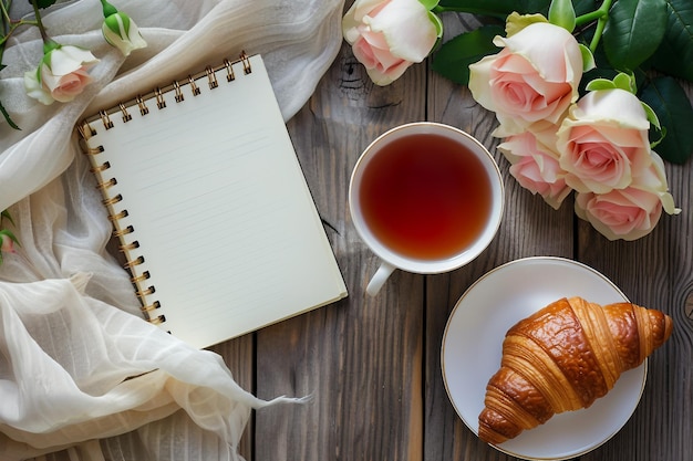 Une scène confortable thé croissant roses fraîches et carnet de notes sur fond en bois Jour de la femme