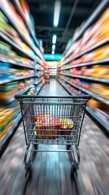 Scène de consommation panier flou dans un département de supermarché occupé Fond d'écran mobile vertical