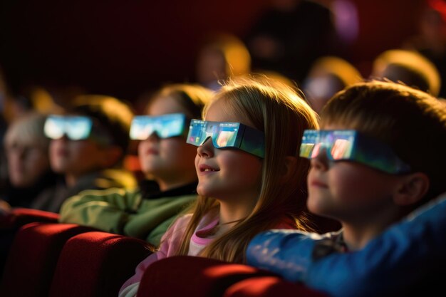 Une scène contemporaine d'enfants portant des lunettes 3D regardant un film d'aventure. Generative AI