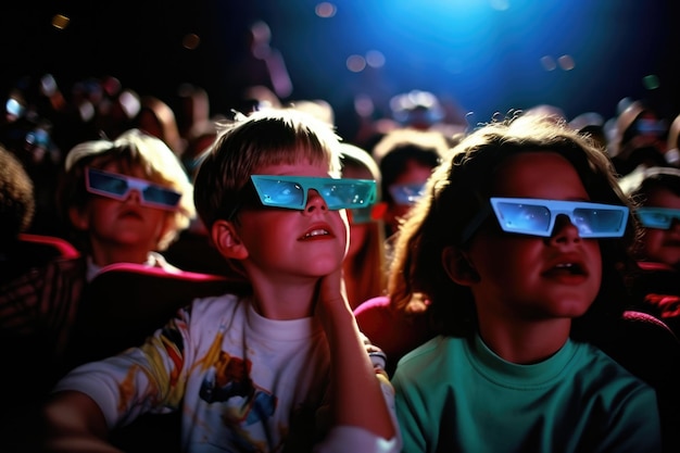 Une scène contemporaine d'enfants portant des lunettes 3D regardant un film d'aventure. Generative AI