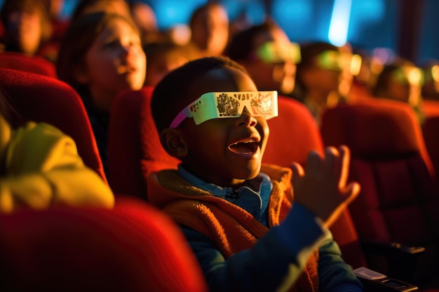 Photo une scène contemporaine d'enfants portant des lunettes 3d regardant un film d'aventure. generative ai