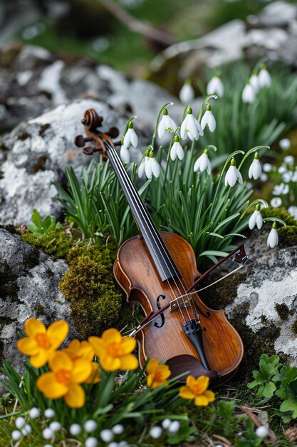 une scène avec des cordes de Martisor entrelacées entre des fleurs de printemps fraîchement en fleurs comme des gouttelettes de neige et c