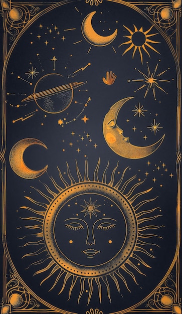 Une scène cosmique mystérieuse mettant en vedette le soleil la lune et les étoiles