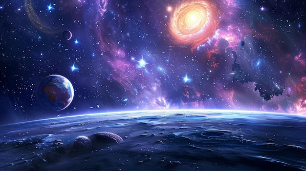 Une scène cosmique avec des planètes et des étoiles flottant dans l'espace illustration générée par l'IA