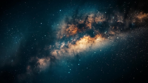 Une scène cosmique vibrante avec des amas d'étoiles et de nébuleuses au milieu de nuages interstellaires
