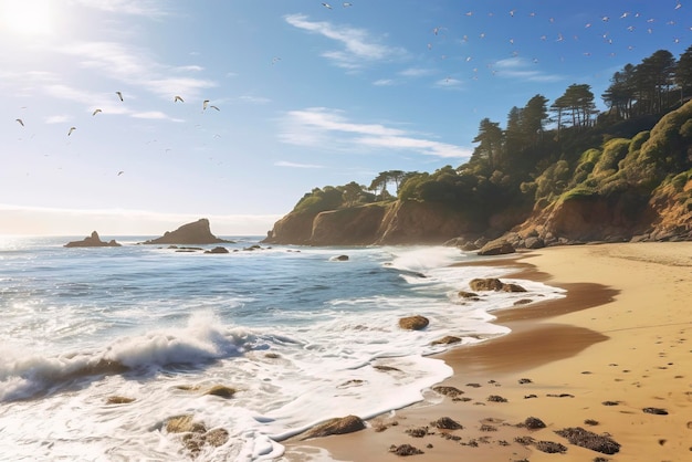 Une scène côtière paisible avec une plage de sable s'écrasant dans la mer AI générative