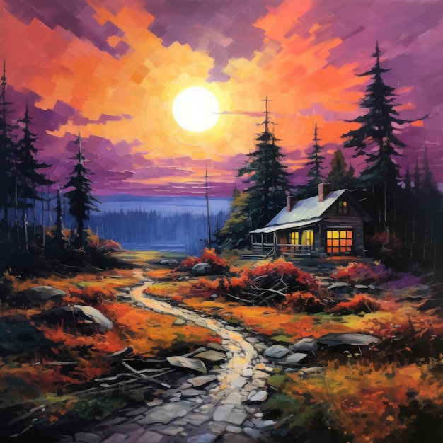 Scène de coucher de soleil colorée avec chalet sur fond de montagne dans un style de peinture à l'huile