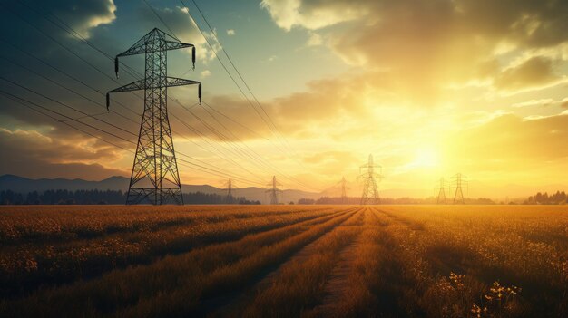 Scène de coucher de soleil avec une ligne électrique à haute tension dans le champ