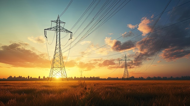 Scène de coucher de soleil avec ligne à haute tension dans le champ