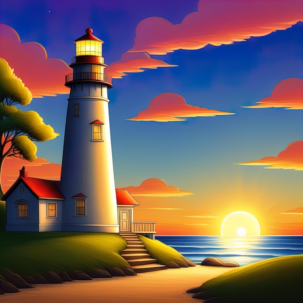 scène de coucher de soleil avec phareillustration d'un grand phare au coucher du soleil