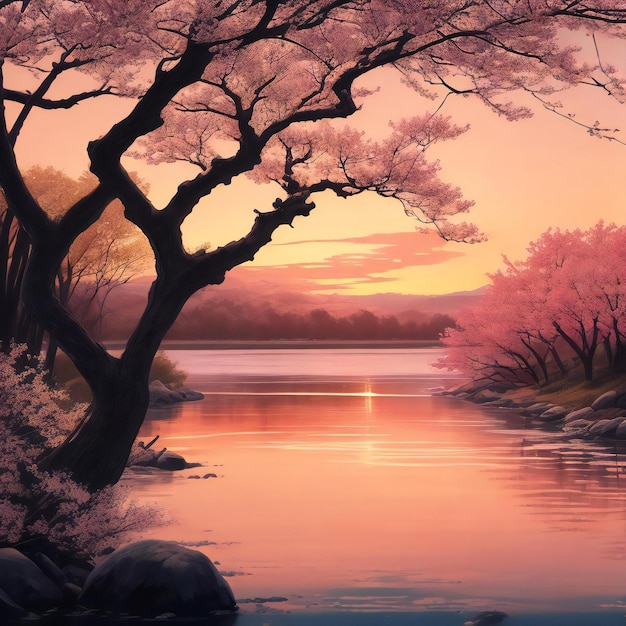 Scène de coucher de soleil avec une rivière et des arbres printaniers dans le style du manga japonais Fond d'écran