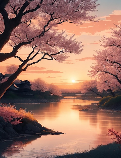 Scène de coucher de soleil avec une rivière et des arbres de printemps dans le style du manga japonais