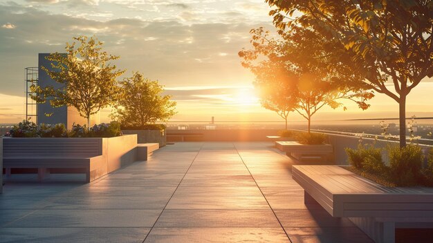 Scène de coucher de soleil tranquille dans un parc avec des bancs sur le toit de l'université