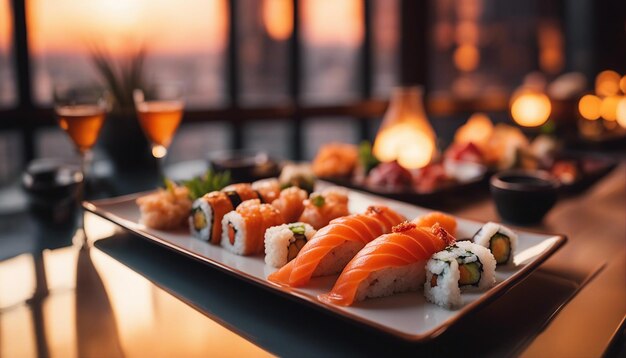 Une scène de coucher de soleil vibrant avec des sushis organisés de manière créative sur une assiette