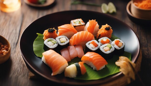 Une scène de coucher de soleil vibrant avec des sushis organisés de manière créative sur une assiette