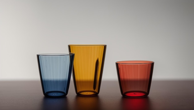 Une scène d'un coup expressif de trois verres de couleurs différentes