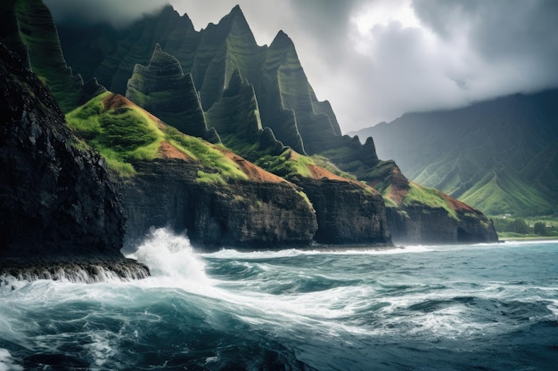 Une scène à couper le souffle d'un vaste lac alpin entouré d'imposantes montagnes créant une étendue d'eau sereine et des sommets Vue de la côte de Na Pali sur l'île de Kauai à Hawaï AI généré