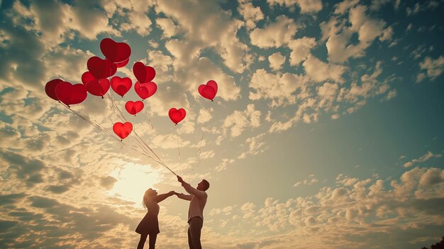 Une scène d'un couple libérant des ballons en forme de cœur dans l'air hd affiche de sortie de ballon avec co