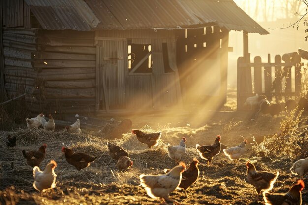 Une scène de cour animée avec des poules picant au sol, une grange rustique en arrière-plan