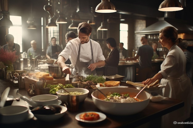 Scène de cours de cuisine avec des chefs et des participants