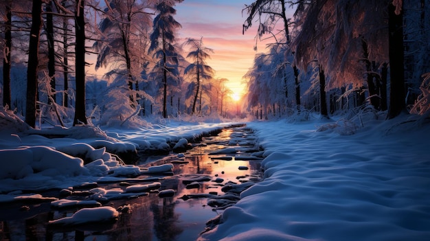 Une scène de crépuscule dans une forêt d'hiver la teinte bleue de la neige contrastant avec la lueur chaude de la