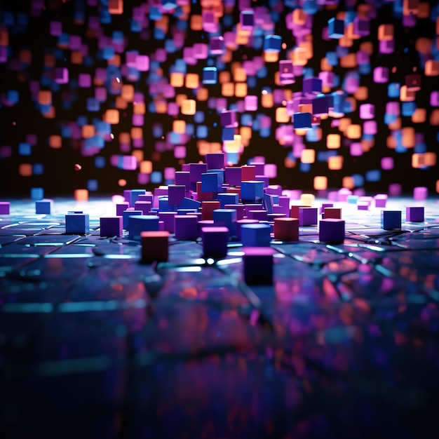Une scène avec des cubes et une boîte violette avec le mot cubes dessus.