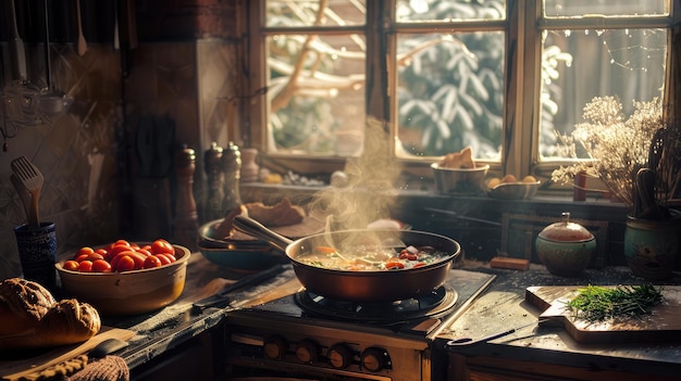 Photo scène de cuisine confortable avec un pot bouillonnant sur le poêle et des ingrédients frais soigneusement disposés sur le comptoir promettant un délicieux repas fait maison