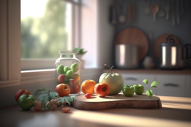 Une scène de cuisine avec un pot de fruits et un pot de fruits sur un comptoir.