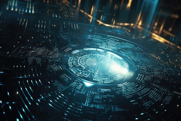 Scène de cyberdéfense futuriste avec hologrammes et codes IA génératifs