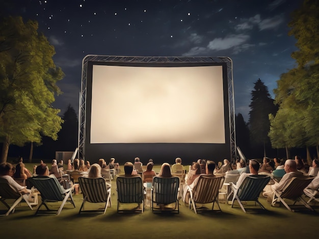 Photo scène dans un cinéma en plein air avec un design de t-shirt à écran blanc géant