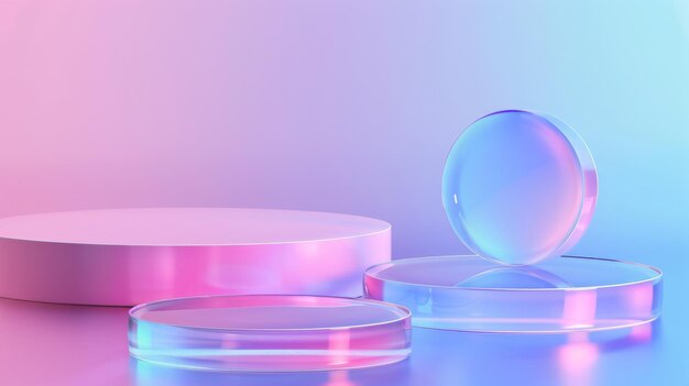 Photo la scène démontre un disque hologramme 3d sur un fond holographique. l'arrière-plan est rempli de fluides volants dans des teintes bleu rose et pastel. la forme cylindrique de la scène abstraite est remplie